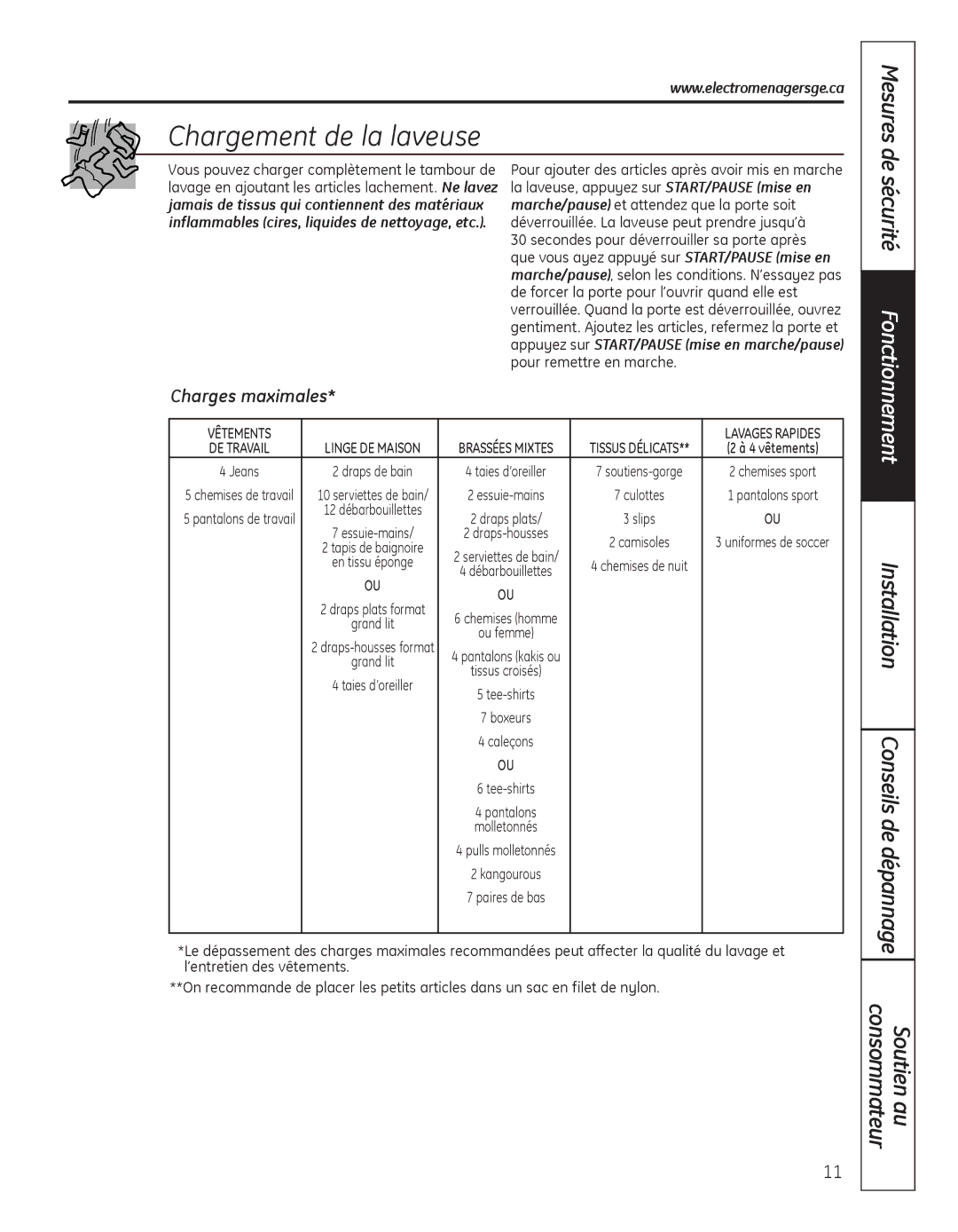 GE GCVH6800 Chargement de la laveuse, Installation Conseils de dépannage Soutien au consommateur, Charges maximales 