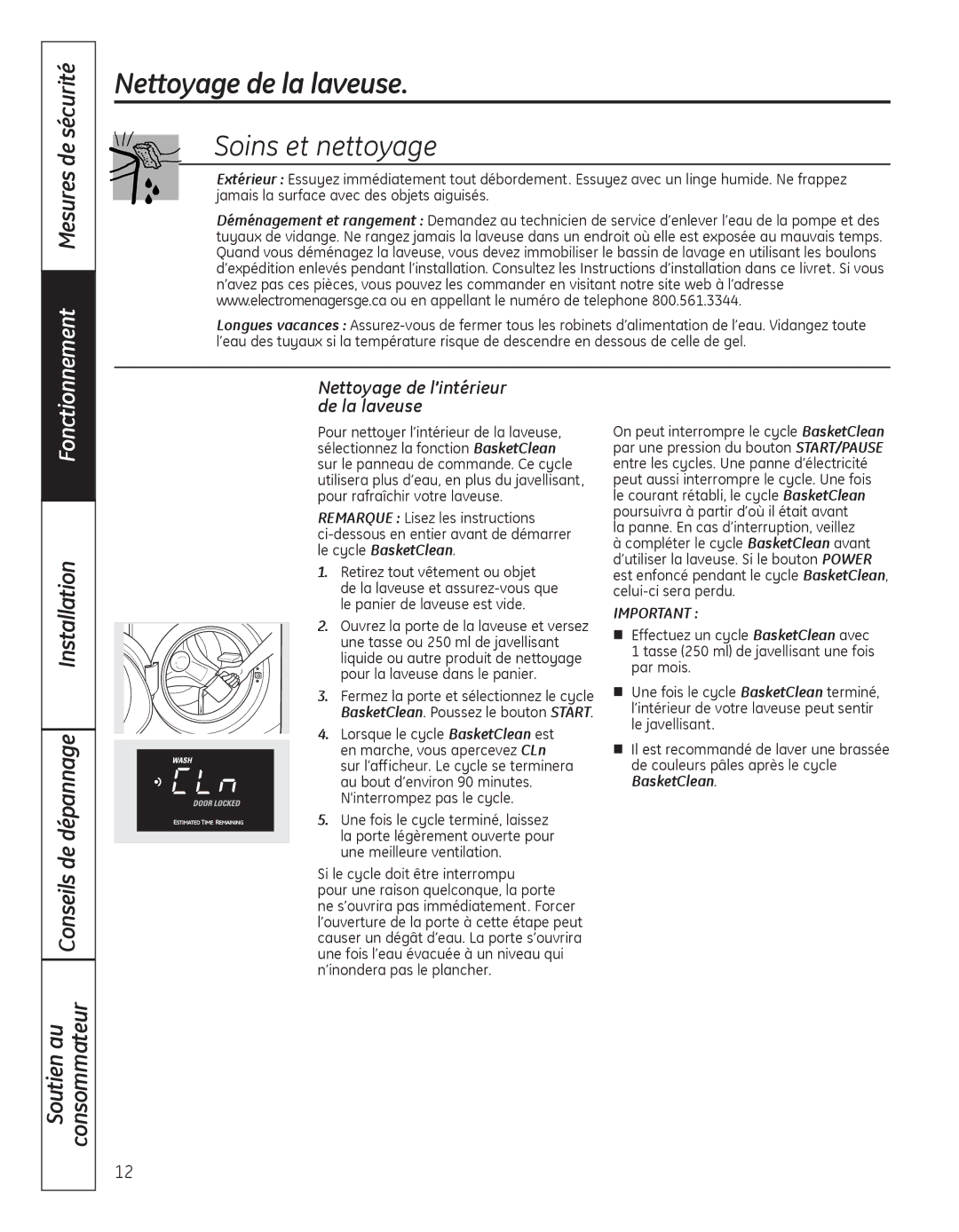 GE GCVH6400 Nettoyage de la laveuse, Soins et nettoyage, Mesures de sécurité, Nettoyage de l’intérieur de la laveuse 