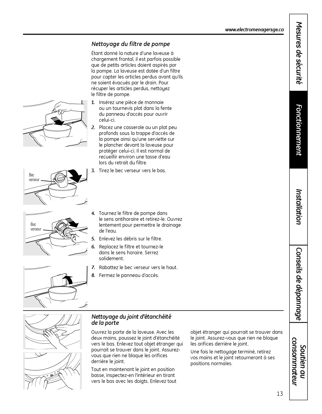 GE GFAN1000 Nettoyage du filtre de pompe, Nettoyage du joint d’étanchéité de la porte, Insérezunepiècedemonnaie 