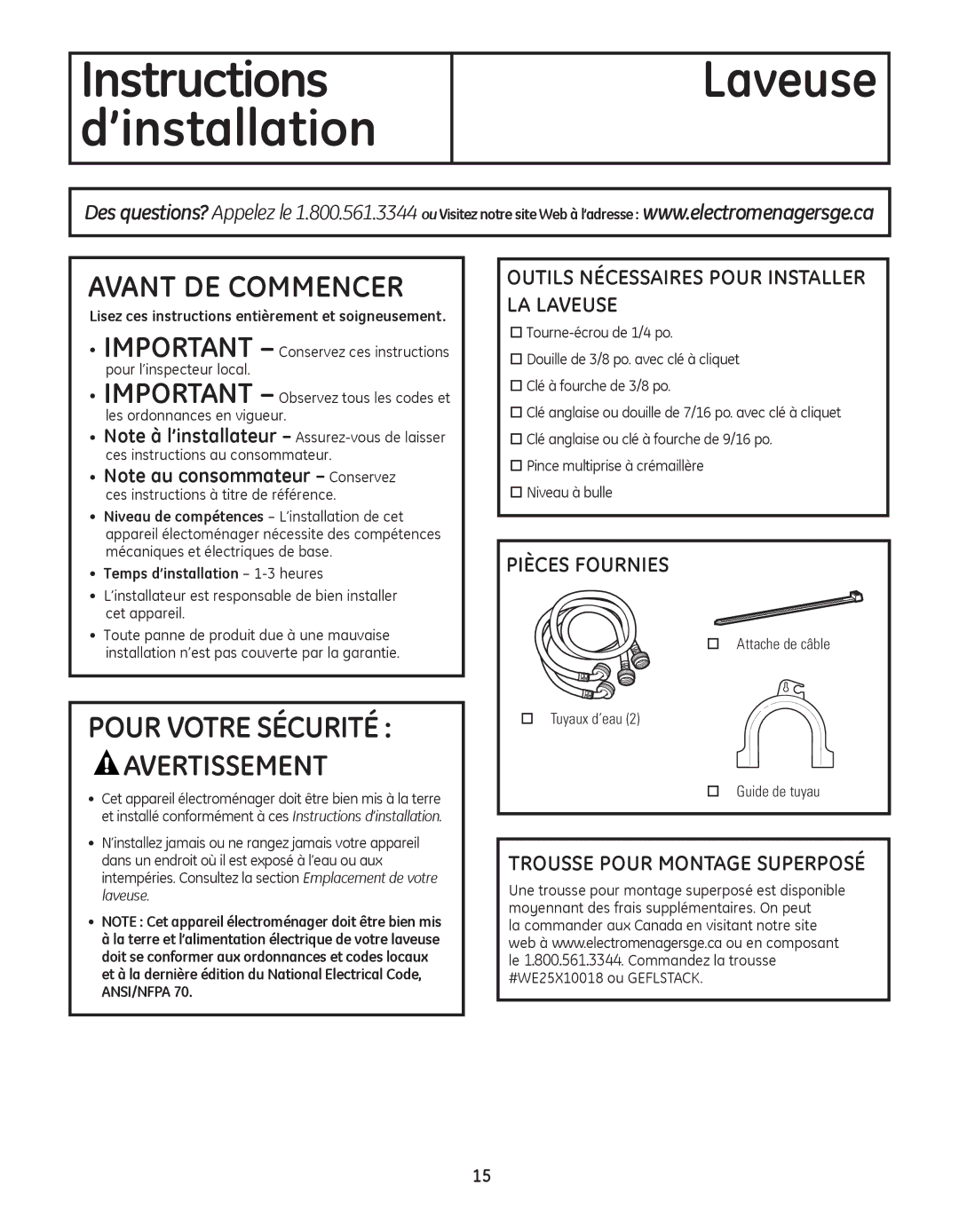 GE GBVH5300, GFAN1100 Outils NÉCeSSAIreS POUr INSTALLer LA LAVeUSe, PIÈCeS FOUrNIeS, TrOUSSe POUr MONTAGe SUPerPOSÉ 