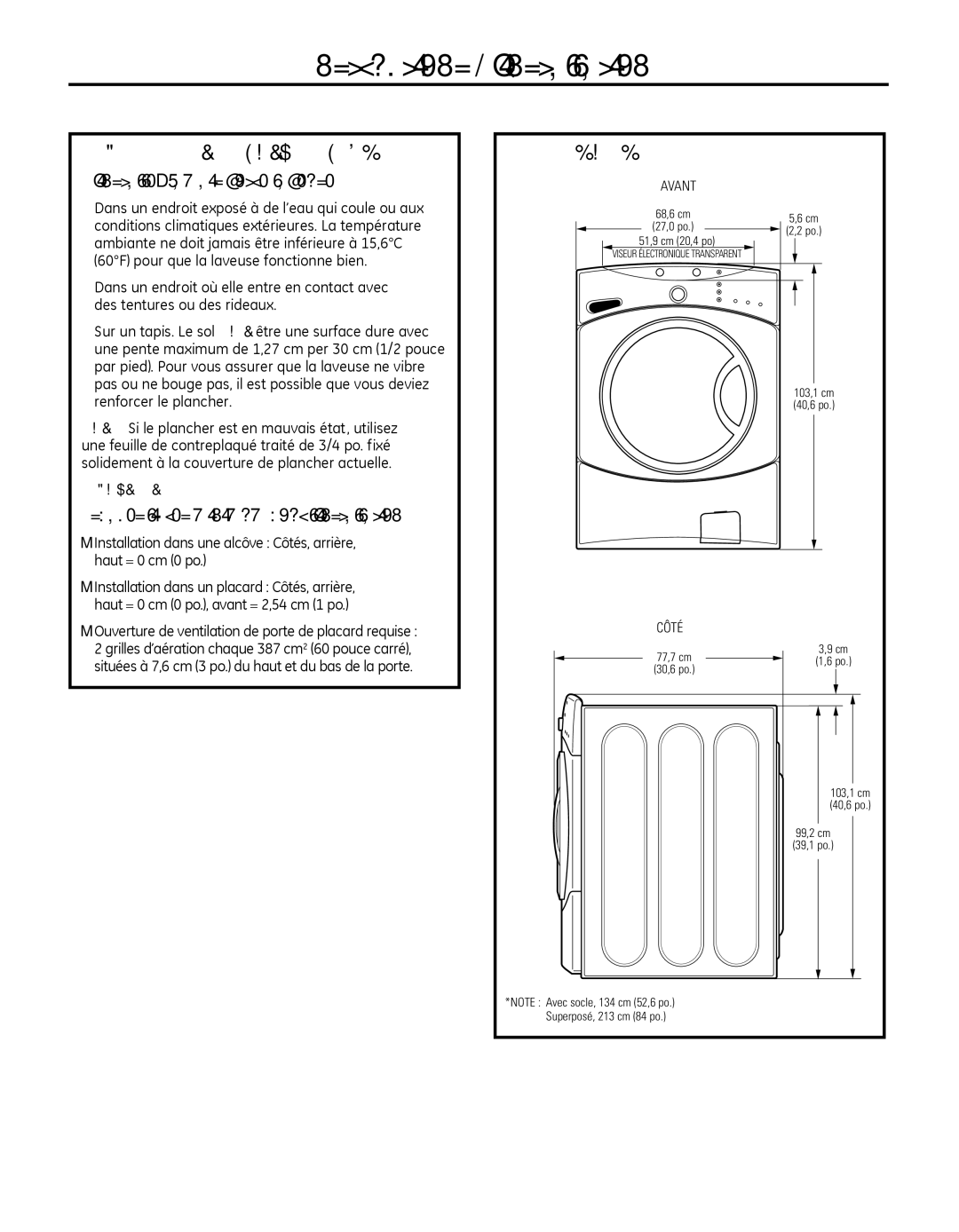 GE GFAN1100, GCVH6800, GCVH6400, GFAN1000, GBVH5200, GBVH5300 dimensions EMPLACeMeNT De VOTre LAVeUSe, DIMeNSIONS 