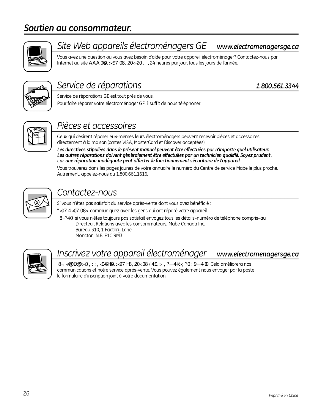 GE GBVH5200, GFAN1100, GCVH6800 Soutien au consommateur Service de réparations, Pièces et accessoires, Contactez-nous 