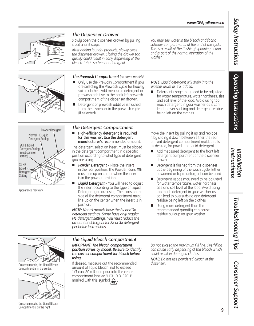 GE GFAN1000 Safety Instructions, Tips Consumer Support, Dispenser Drawer, Detergent Compartment, Liquid Bleach Compartment 