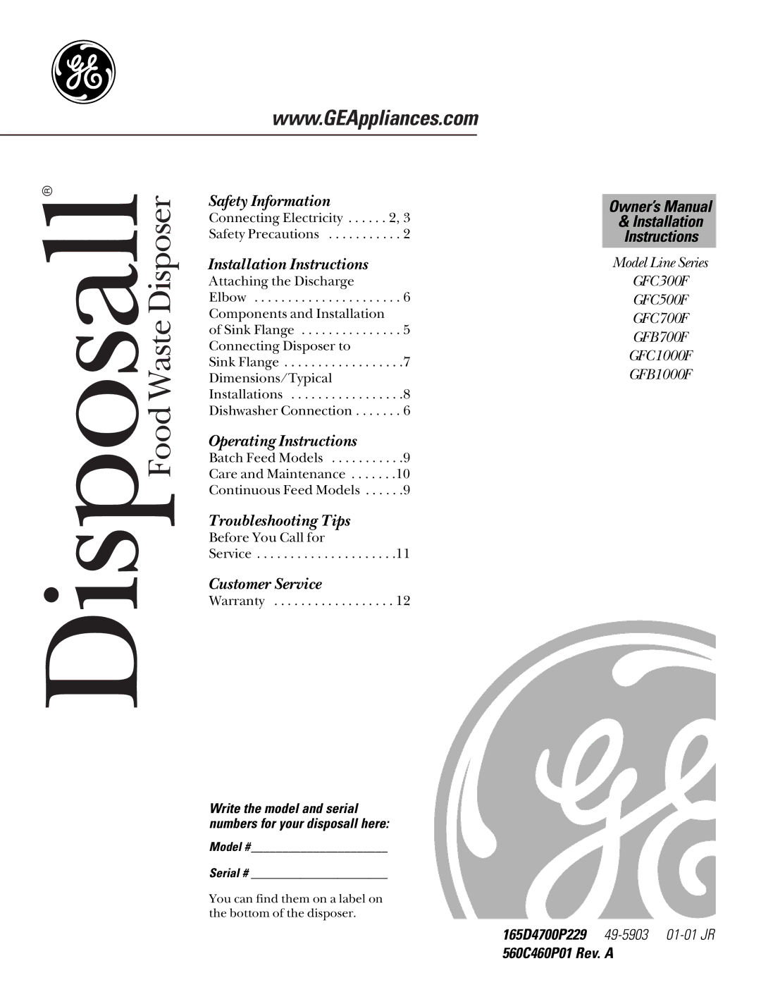 GE GFC700F, GFB1000F, GFC500F, GFC1000F, GFB700F owner manual 560C460P01 Rev. a, Model # Serial # 
