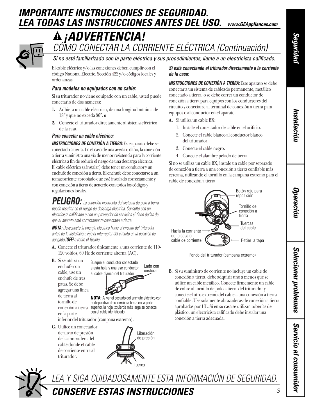 GE GFB1000F, GFC700F, GFC500F, GFC1000F, GFB700F Para modelos no equipados con un cable, Para conectar un cable eléctrico 