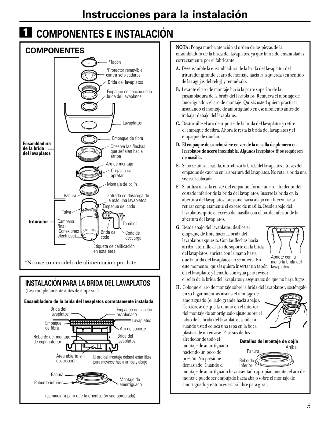 GE GFC500F, GFB1000F, GFC700F, GFC1000F, GFB700F owner manual Componentes E Instalación 