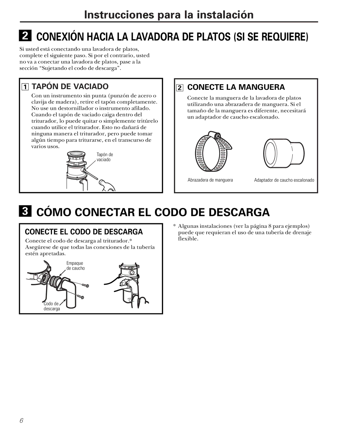 GE GFC1000F, GFC700F Cómo Conectar EL Codo DE Descarga, Tapón DE Vaciado, Conecte LA Manguera, Conecte EL Codo DE Descarga 