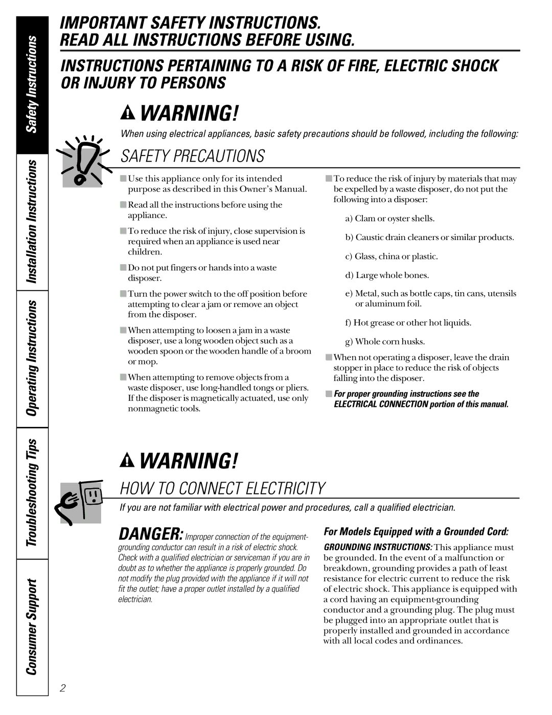 GE GFC500F, GFB1000F, GFC700F, GFC1000F, GFB700F owner manual Consumer Support, For Models Equipped with a Grounded Cord 