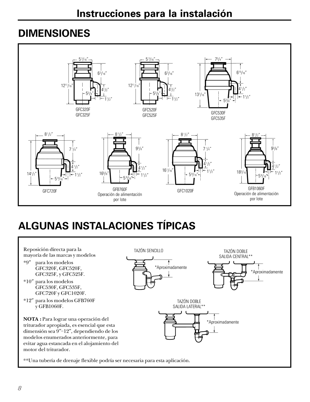 GE GFB1000F, GFC700F, GFC500F, GFC1000F, GFB700F owner manual Dimensiones, Algunas Instalaciones Típicas 