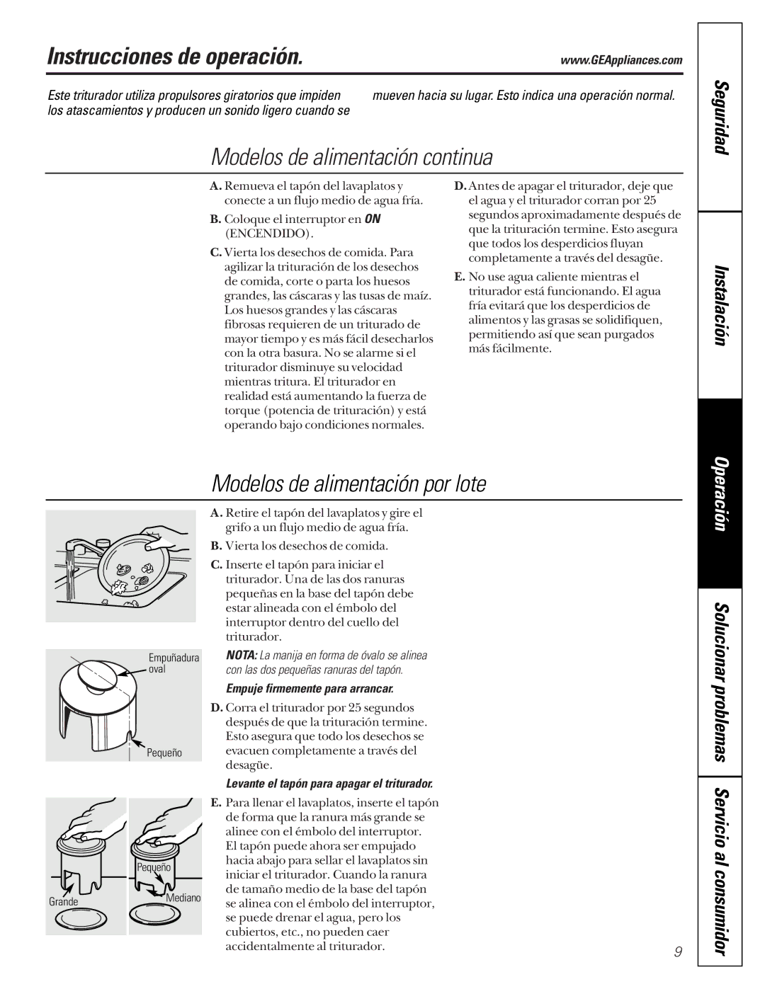 GE GFC700F Instrucciones de operación, Modelos de alimentación continua, Modelos de alimentación por lote, Seguridad 