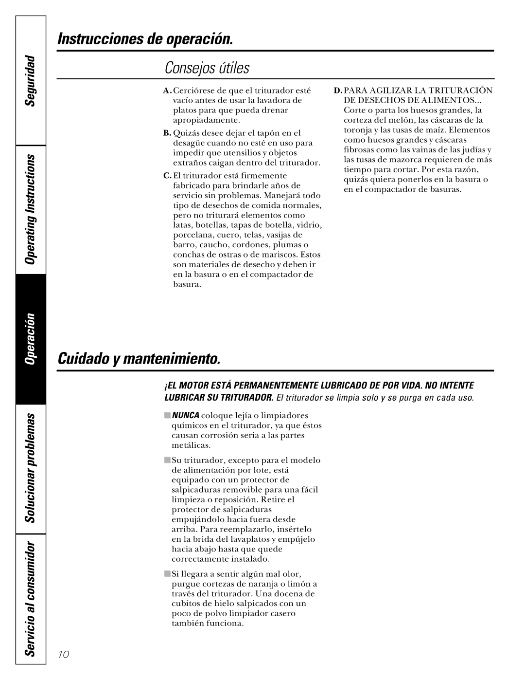 GE GFC500F Consejos útiles, Cuidado y mantenimiento, Operating Instructions, Servicio al consumidor Solucionar problemas 