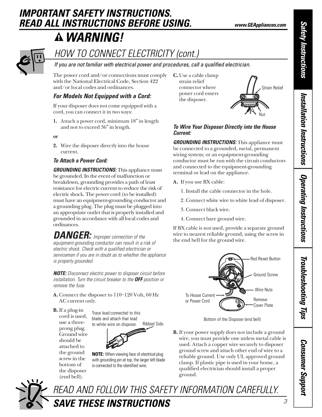 GE GFC1000F, GFB1000F, GFC700F HOW to Connect Electricity, For Models Not Equipped with a Cord, To Attach a Power Cord 