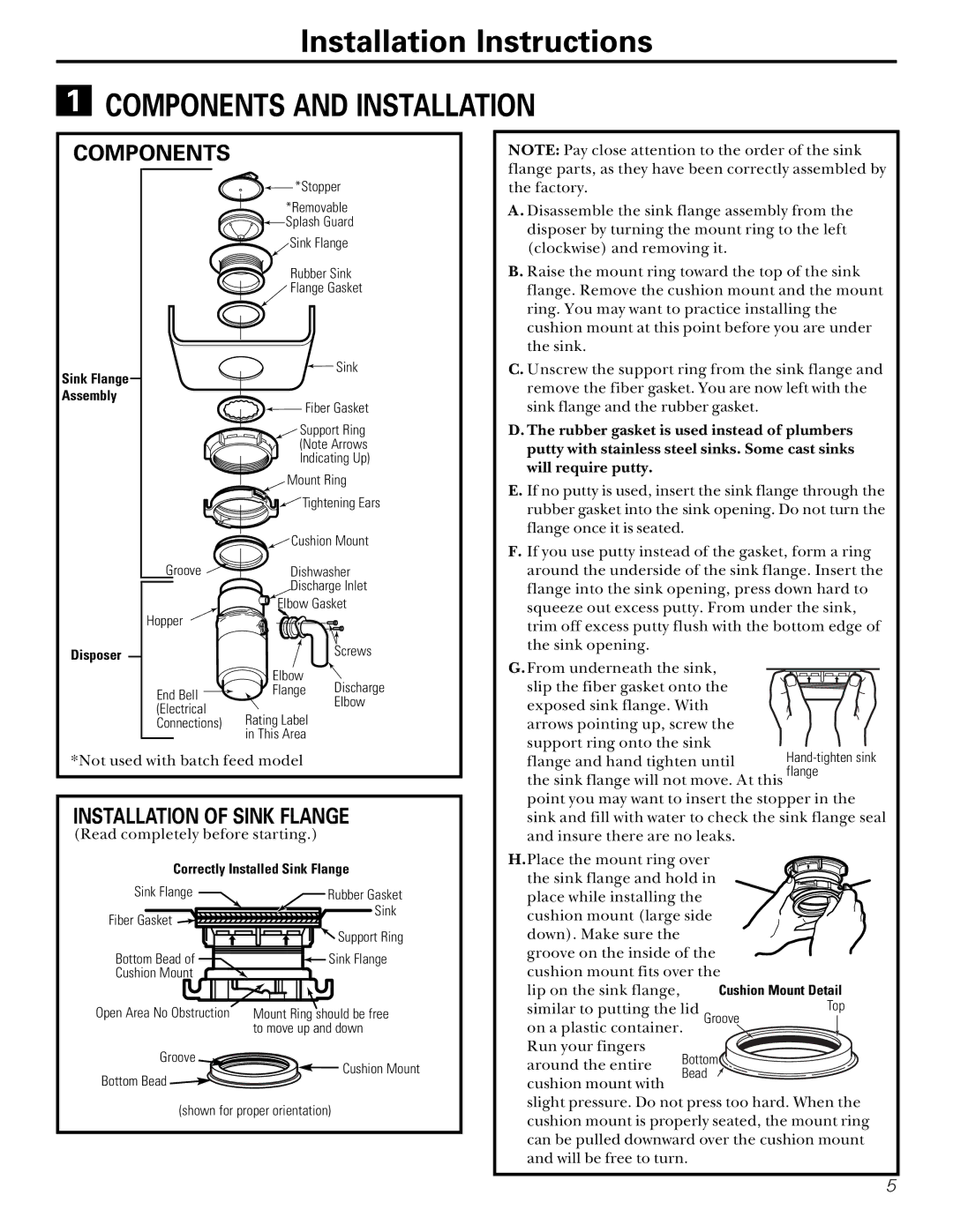 GE GFB1000F, GFC700F, GFC500F, GFC1000F, GFB700F owner manual Components and Installation, Installation of Sink Flange 