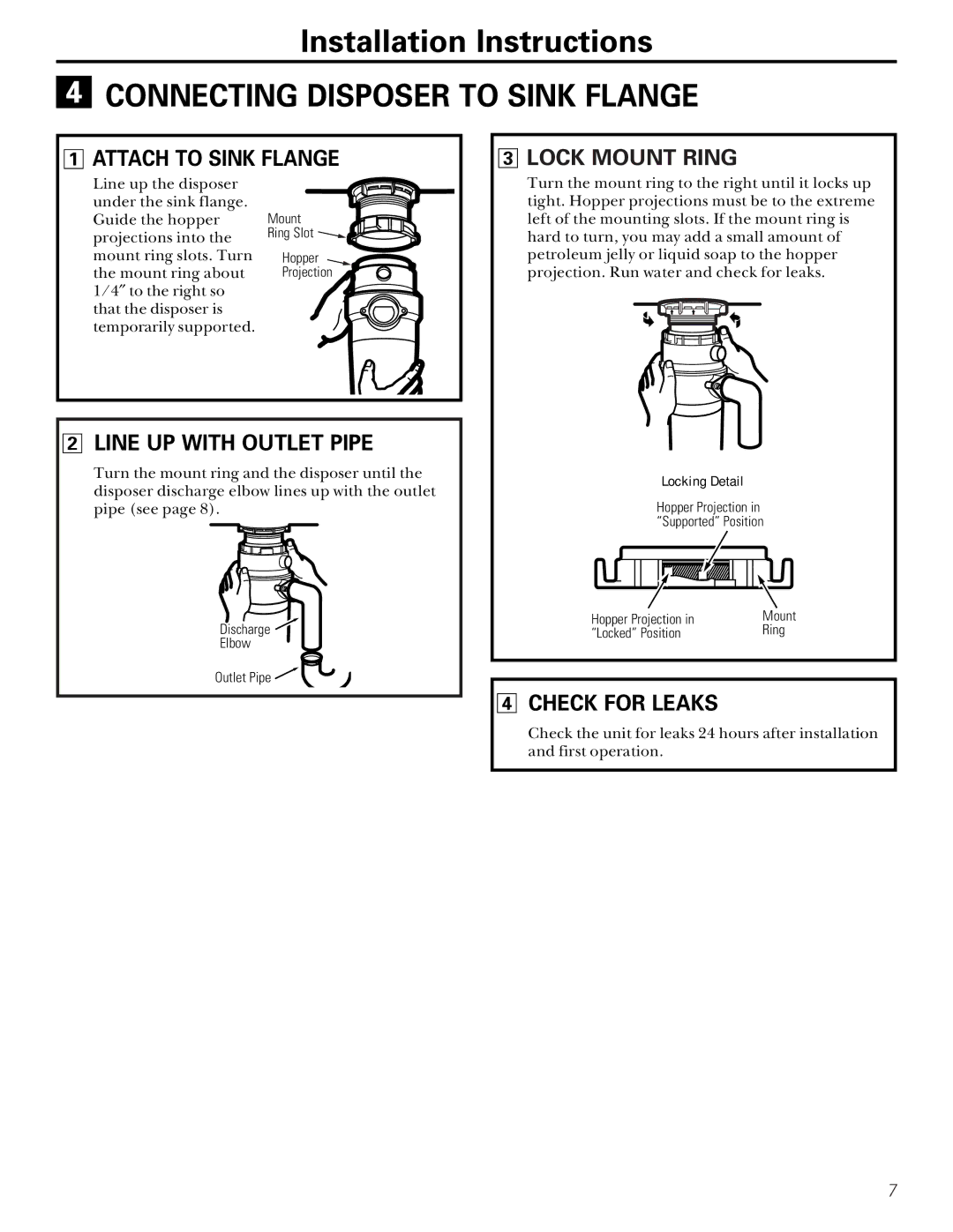 GE GFC500F, GFB1000F Connecting Disposer to Sink Flange, Attach to Sink Flange Lock Mount Ring, Line UP with Outlet Pipe 