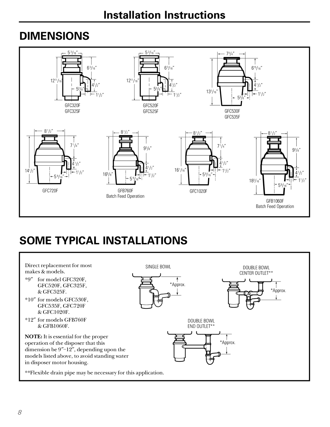 GE GFC1000F, GFB1000F, GFC700F, GFC500F, GFB700F owner manual Dimensions, Some Typical Installations 