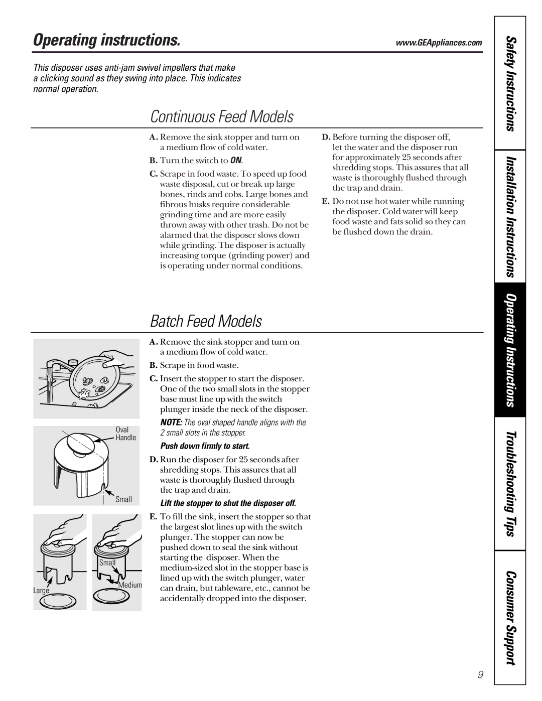 GE GFB700F, GFB1000F, GFC700F Operating instructions, Continuous Feed Models, Batch Feed Models, Installation Instructions 