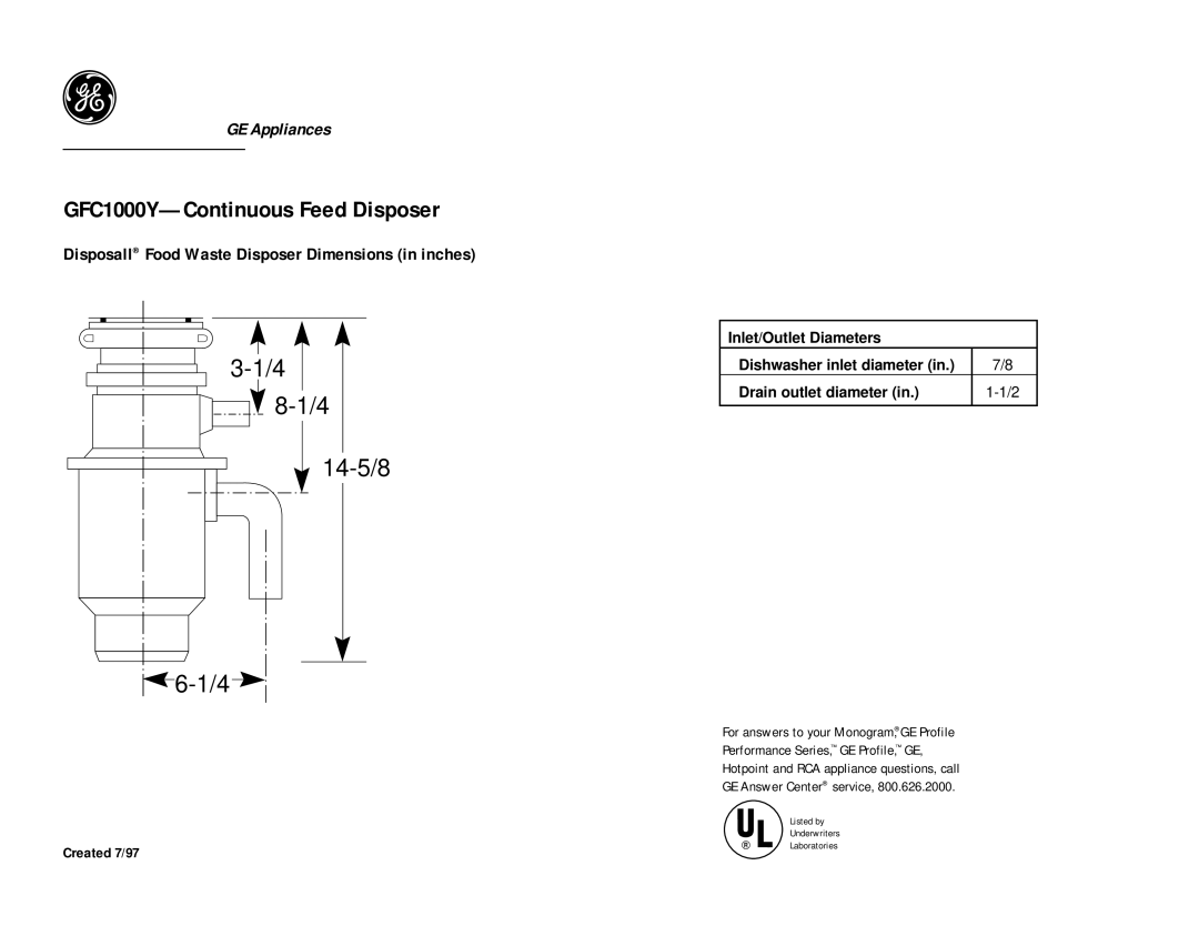 GE dimensions GFC1000Y-Continuous Feed Disposer, 14-5/8 