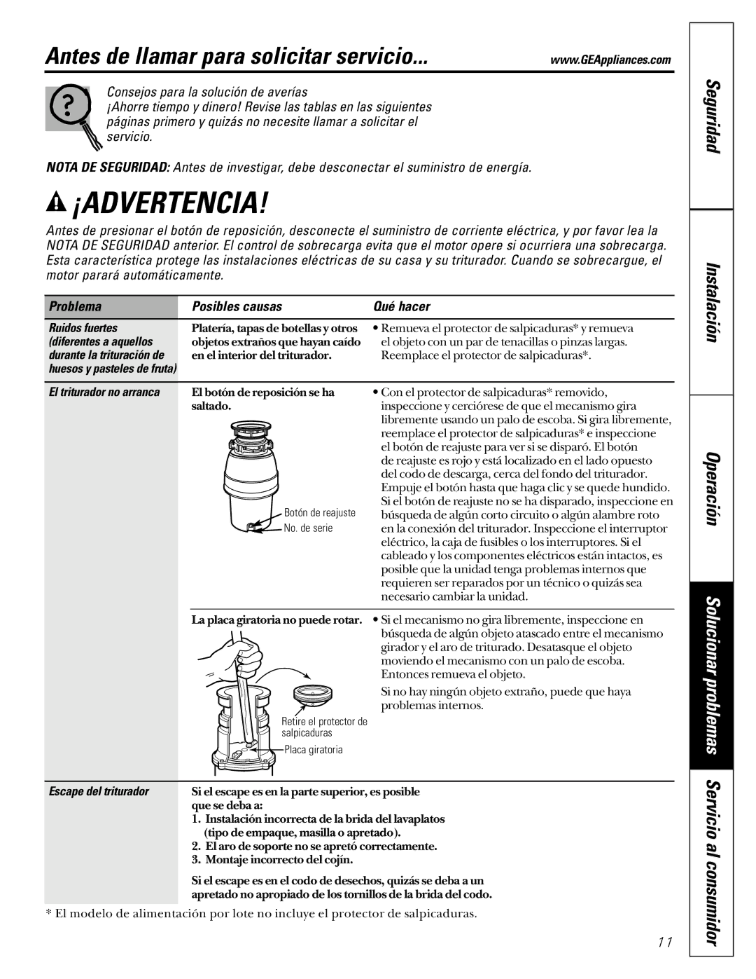 GE GFC300F owner manual Antes de llamar para solicitar servicio, Seguridad Instalación, Problema Posibles causas Qué hacer 