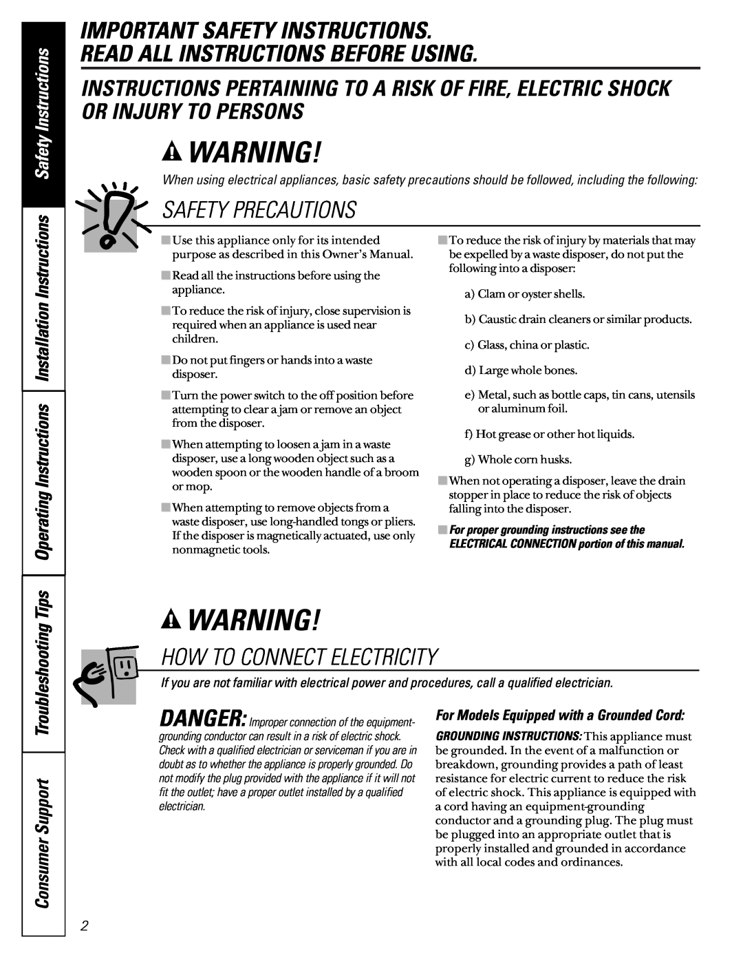 GE GFC300F Important Safety Instructions Read All Instructions Before Using, Safety Precautions, Consumer Support 