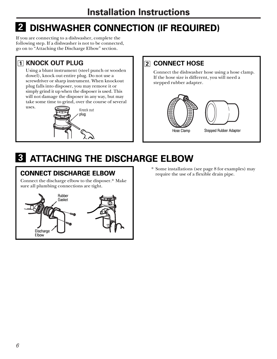 GE GFC300F Installation Instructions 2 DISHWASHER CONNECTION IF REQUIRED, Attaching The Discharge Elbow, Knock Out Plug 