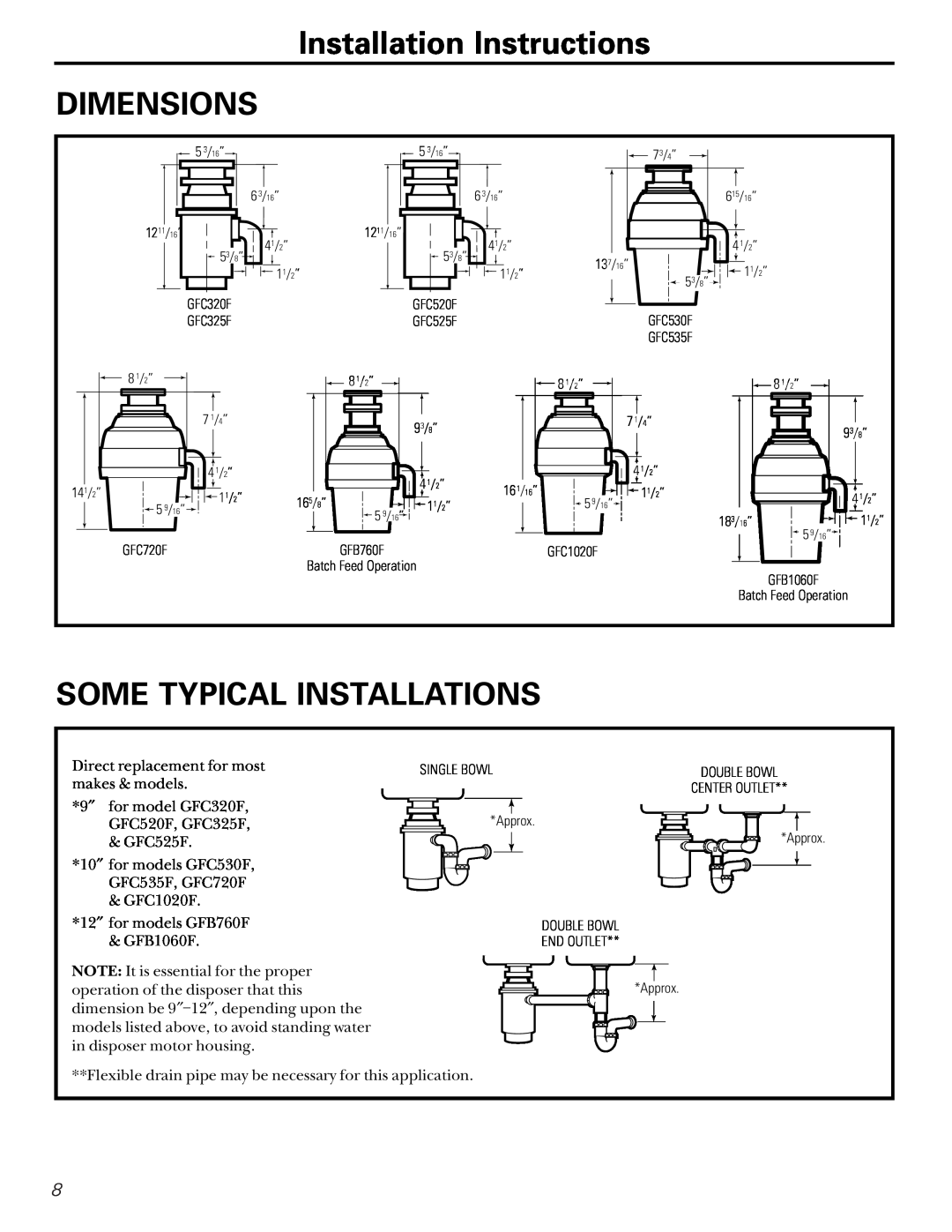 GE GFC300F owner manual Installation Instructions DIMENSIONS, Some Typical Installations 