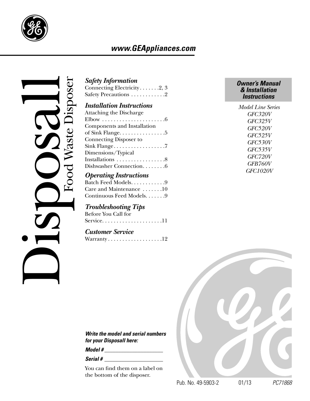 GE GFC325V, GFC520V, GFC535V, GFC525V, GFC320V, GFC1020V, GFB760V, GFC720V installation instructions Disposall, Model # Serial # 