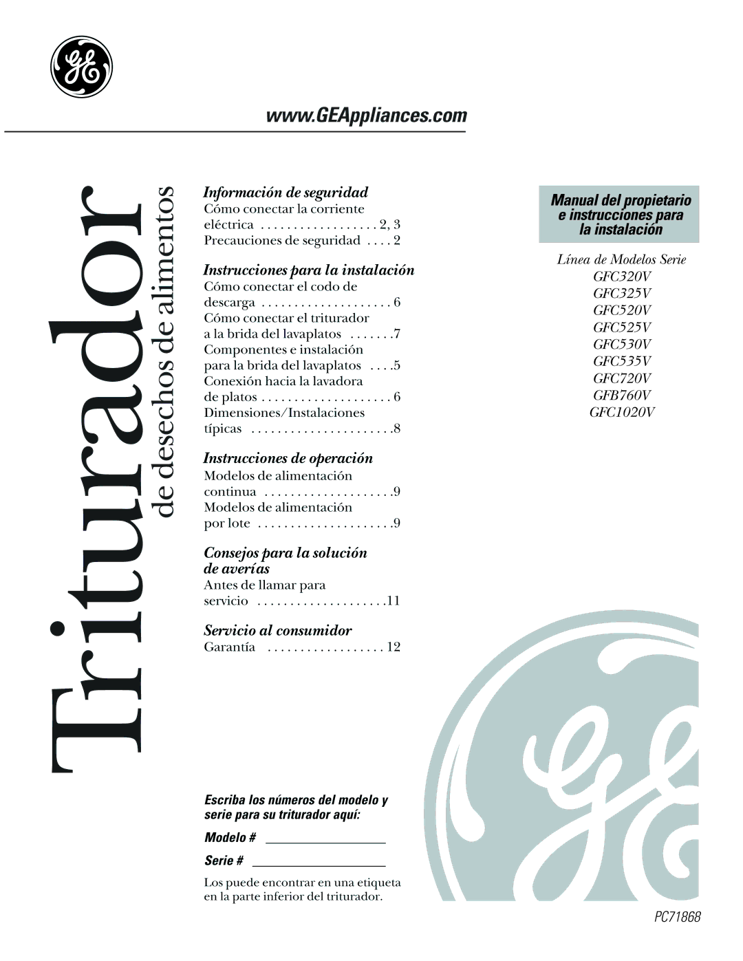 GE GFC320V, GFC520V, GFC325V, GFC535V, GFC525V, GFC1020V, GFB760V, GFC720V, GFC530V installation instructions PC71868 