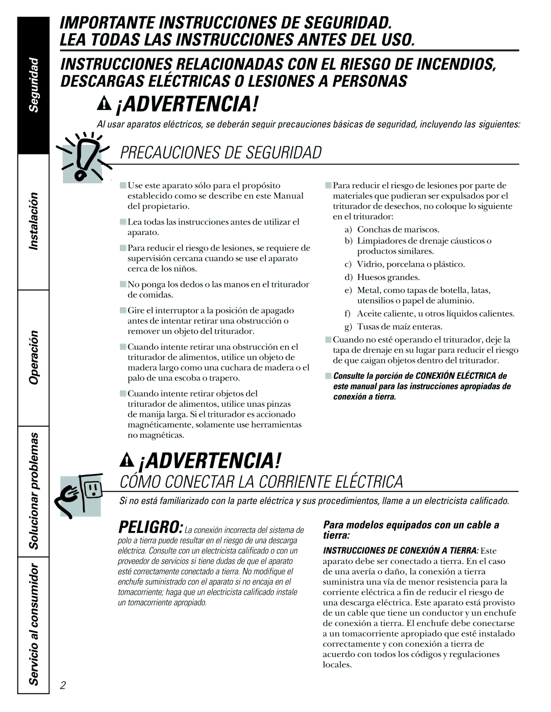 GE GFC1020V, GFC520V, GFC325V, GFC535V, GFC525V, GFC320V, GFB760V, GFC720V, GFC530V installation instructions Seguridad 