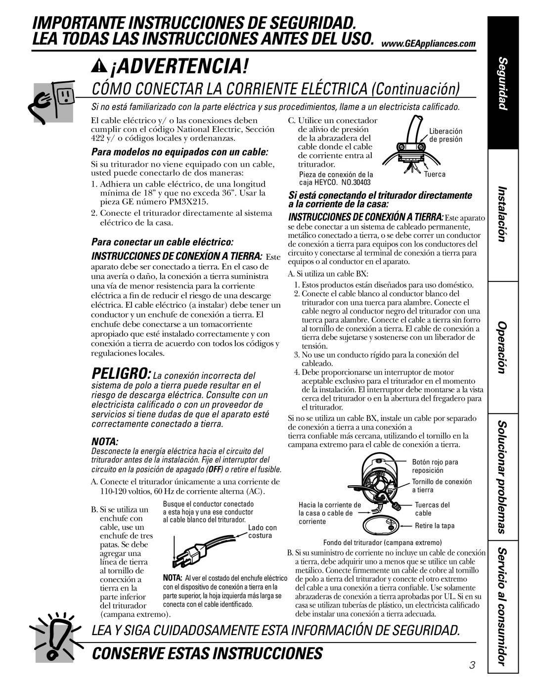 GE GFB760V, GFC520V, GFC325V Para modelos no equipados con un cable, Desconecte la energía eléctrica hacia el circuito del 