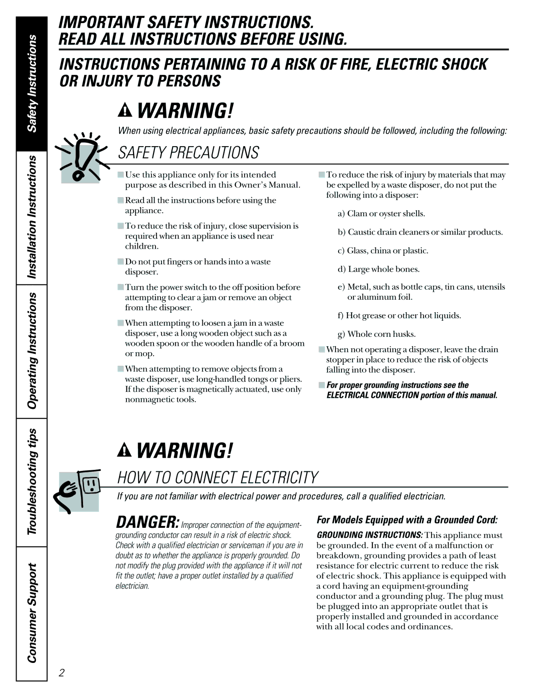 GE GFC535V, GFC520V, GFC325V, GFC525V, GFC320V, GFC1020V, GFB760V, GFC720V, GFC530V installation instructions Safety Instructions 