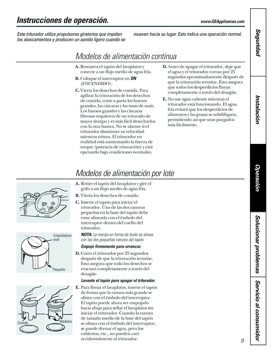 GE GFC525V, GFC520V, GFC325V, GFC535V, GFC320V, GFC1020V, GFB760V, GFC720V, GFC530V installation instructions Operación 