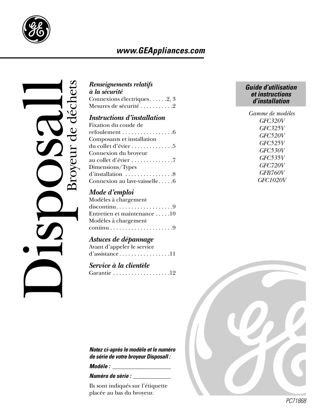 GE GFC720V, GFC520V, GFC325V, GFC535V, GFC525V, GFC320V, GFC1020V Modèle Numéro de série, Et instructions d’installation 