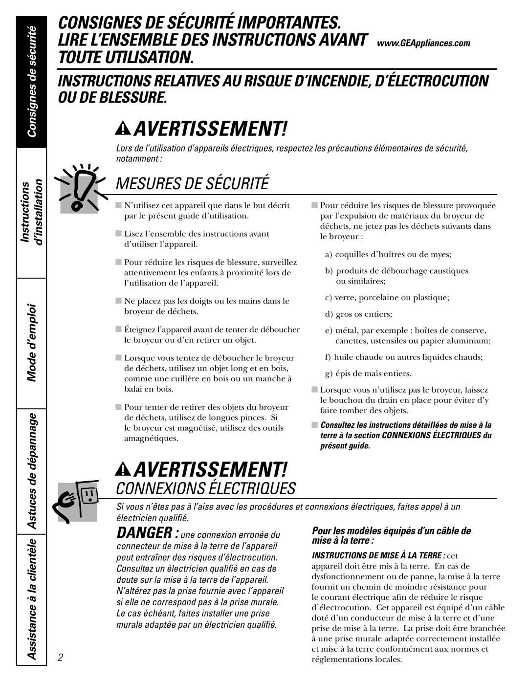 GE GFC530V, GFC520V, GFC325V, GFC535V, GFC525V, GFC320V, GFC1020V, GFB760V, GFC720V installation instructions Avertissement 