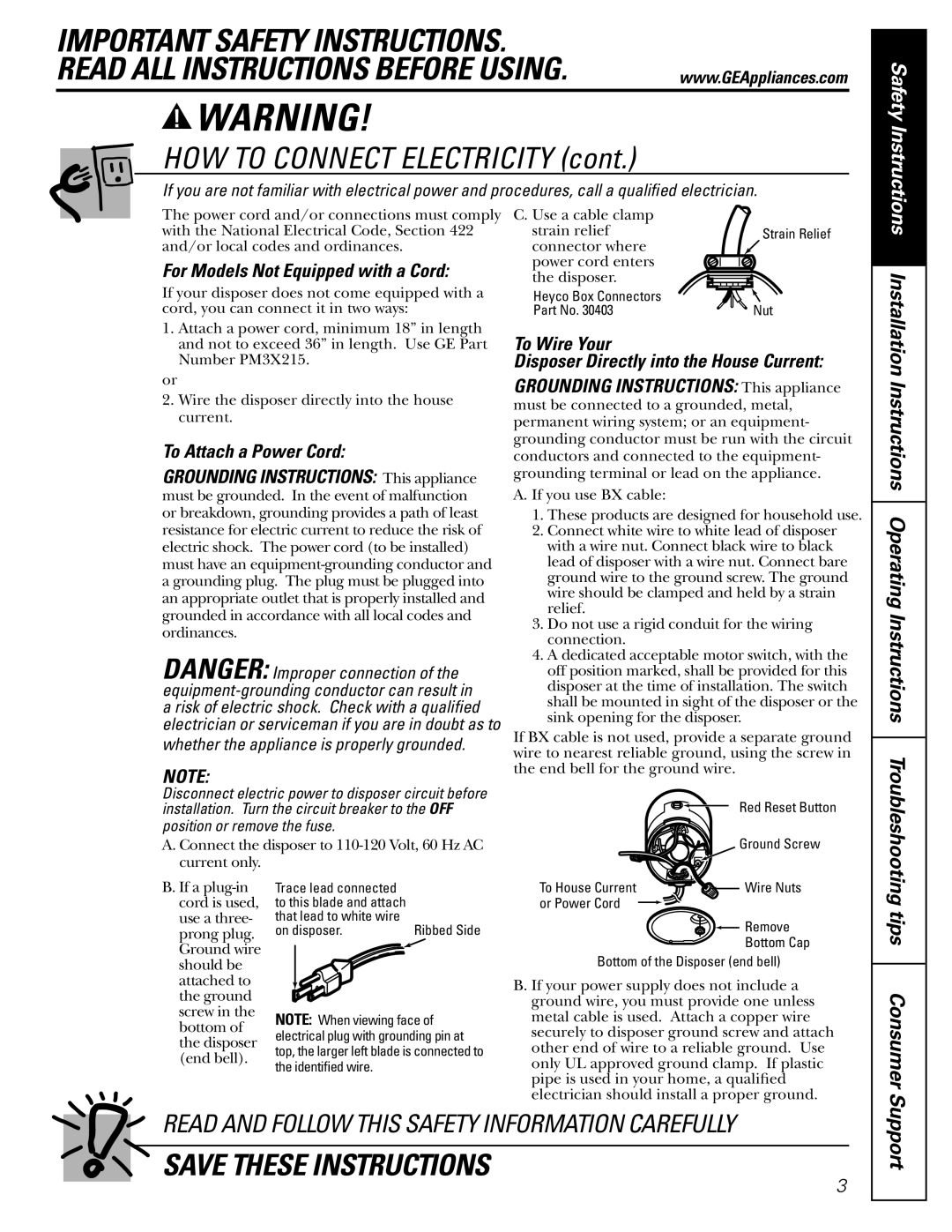 GE GFC525V, GFC520V, GFC325V, GFC535V, GFC320V, GFC1020V Important Safety Instructions, Grounding Instructions This appliance 