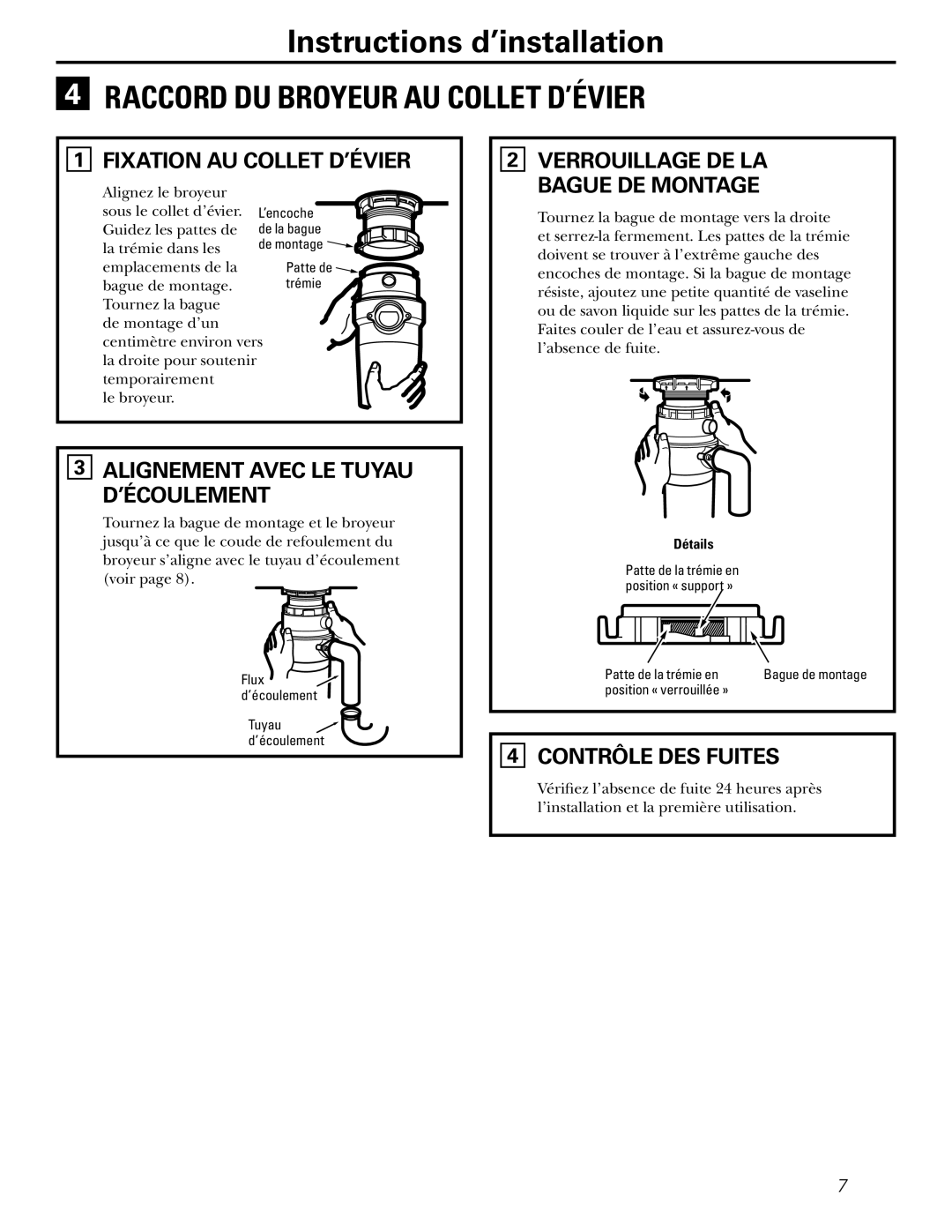 GE GFC320V, GFC520V, GFC325V, GFC535V Fixation AU Collet D’ÉVIER, Alignement Avec LE Tuyau D’ÉCOULEMENT, Contrôle DES Fuites 