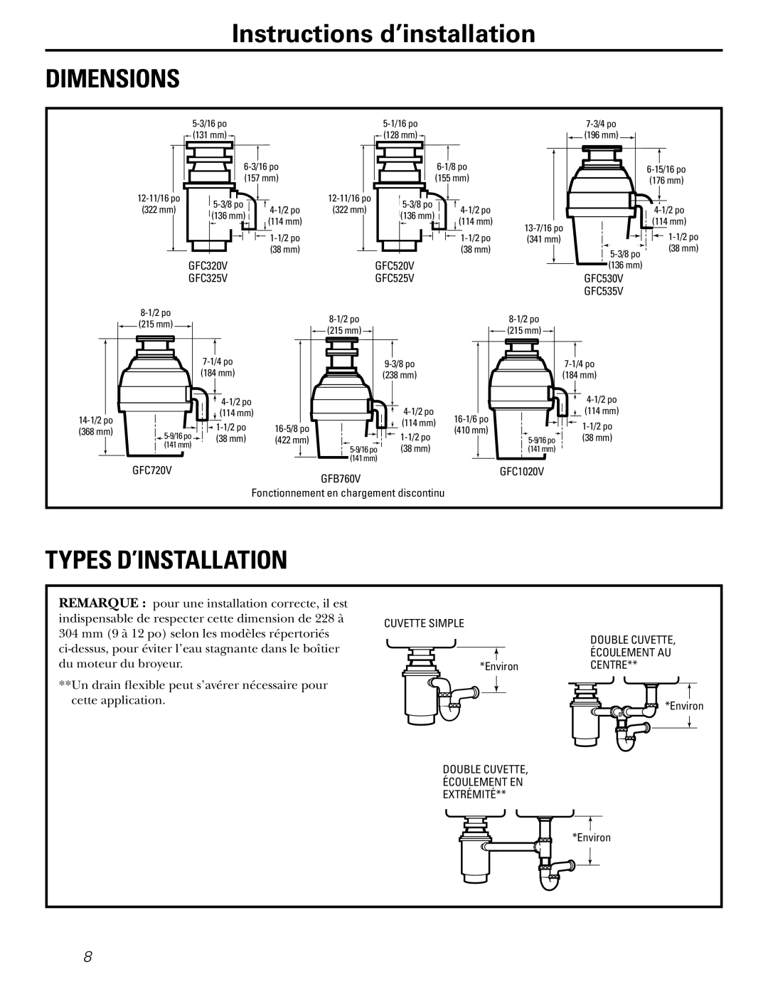 GE GFC1020V, GFC520V, GFC325V, GFC535V, GFC525V, GFC320V, GFB760V, GFC720V, GFC530V installation instructions Dimensions 