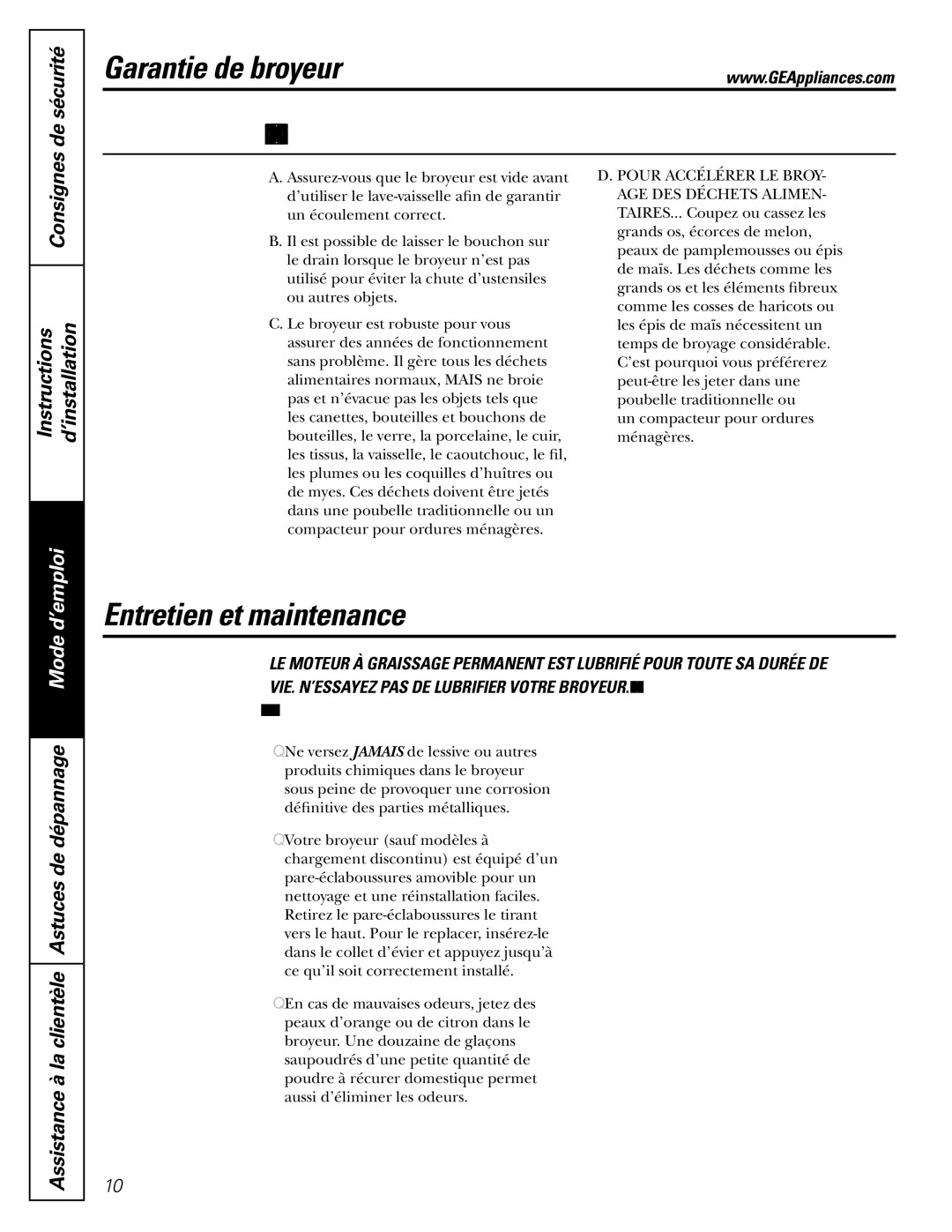 GE GFC720V, GFC520V, GFC325V, GFC535V, GFC525V, GFC320V, GFC1020V, GFB760V, GFC530V installation instructions Garantie de broyeur 