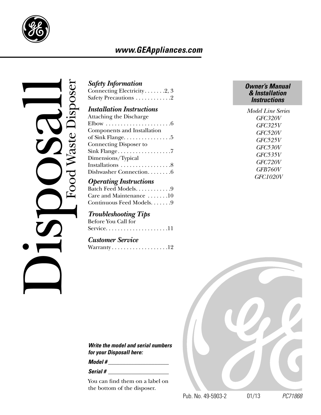 GE GFC325V installation instructions Food Waste Disposer, Disposall, Safety Information, Installation Instructions, 01/13 