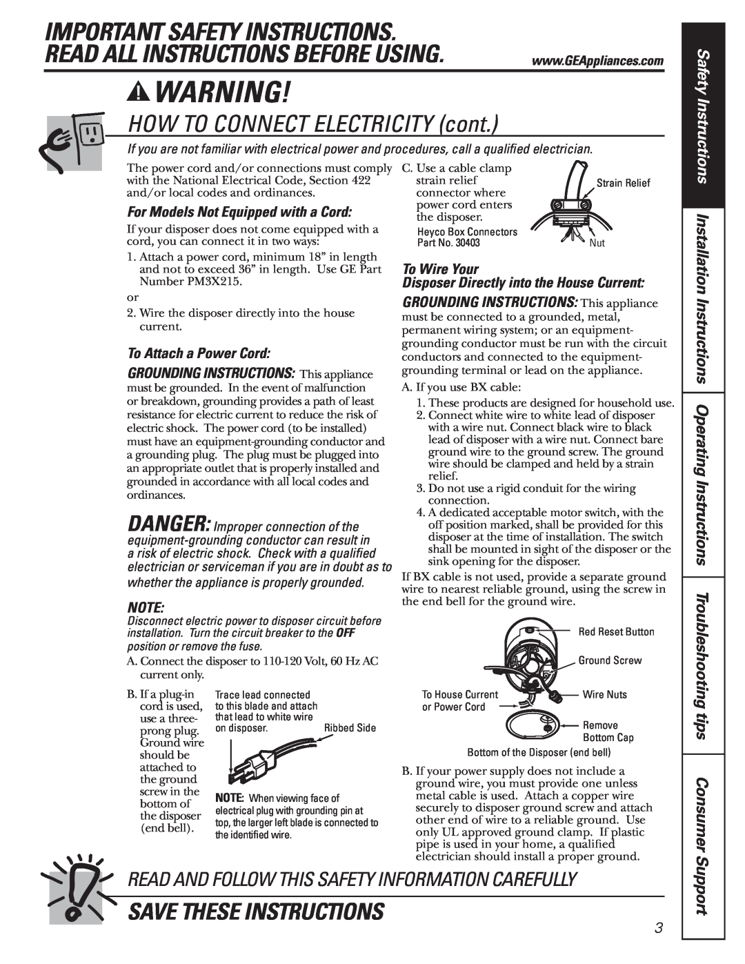 GE GFC525V Important Safety Instructions, Read All Instructions Before Using, HOW TO CONNECT ELECTRICITY cont, Support 