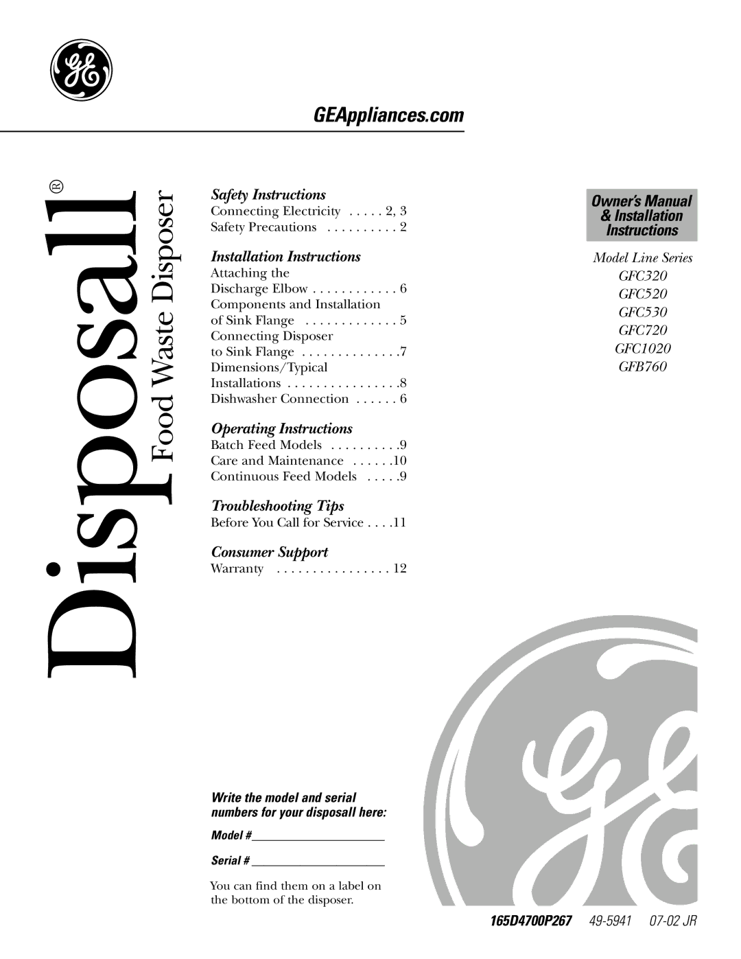 GE GFC1020, GFC530, GFC520, GFB760, GFC320, GFC720 owner manual Installation Instructions, Model # Serial # 