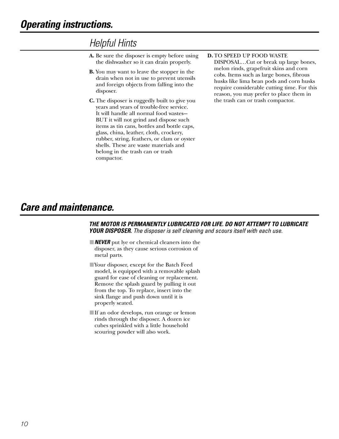 GE GFC320, GFC530, GFC1020, GFC520, GFB760, GFC720 owner manual Helpful Hints, Care and maintenance 