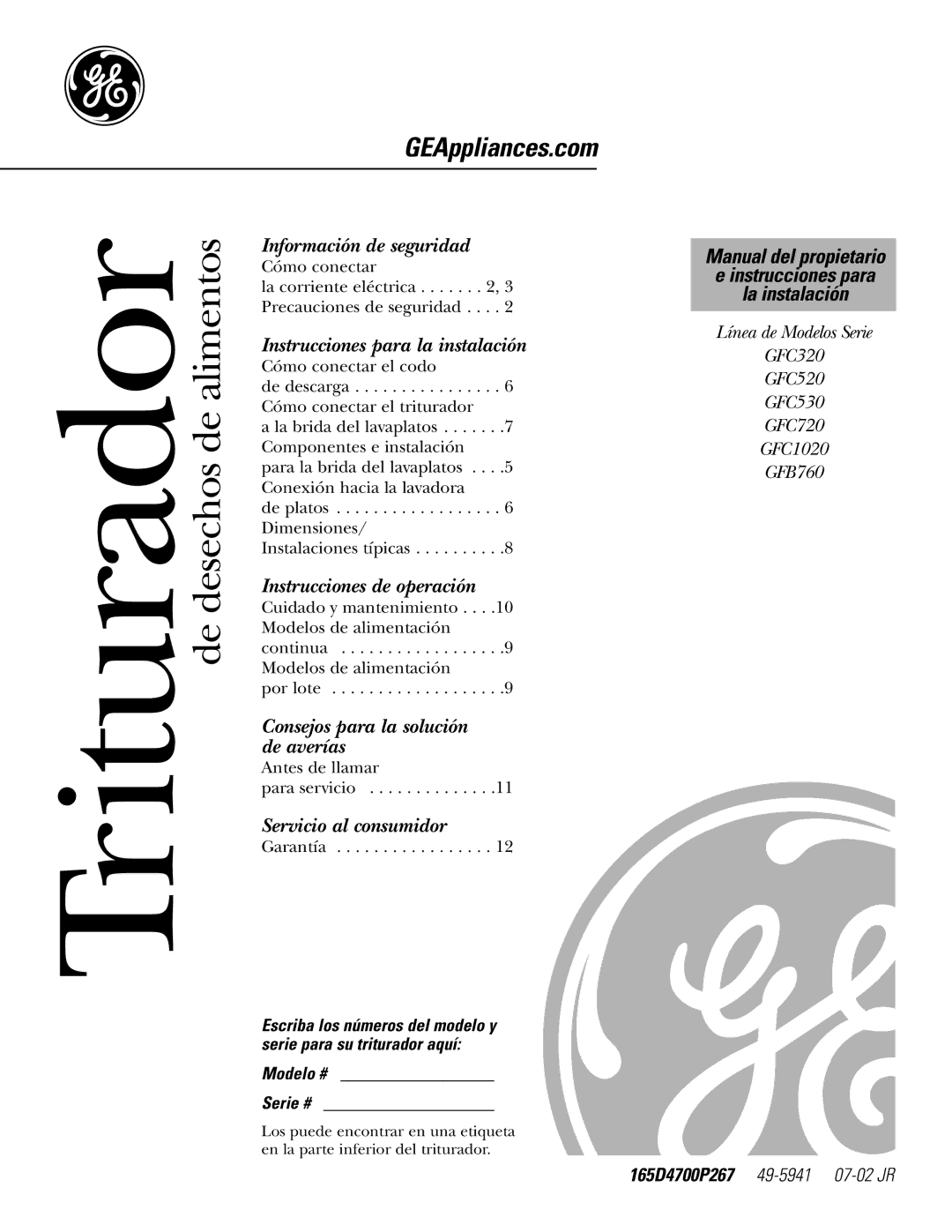 GE GFC1020, GFC530, GFC520, GFB760, GFC320, GFC720 owner manual Triturador de desechos de alimentos, Modelo # Serie # 