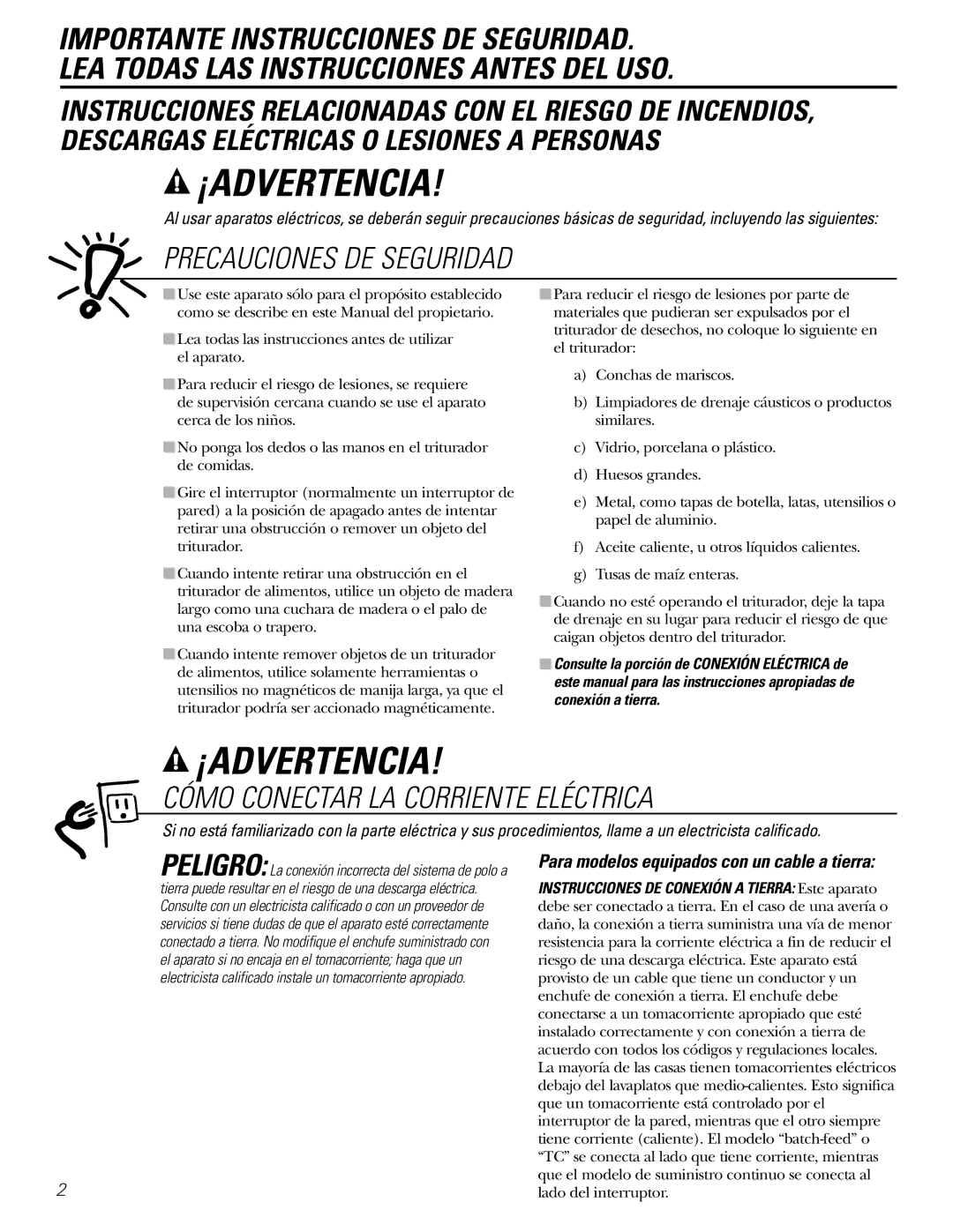 GE GFC520, GFC530, GFC1020, GFB760, GFC320, GFC720 owner manual ¡Advertencia, Para modelos equipados con un cable a tierra 