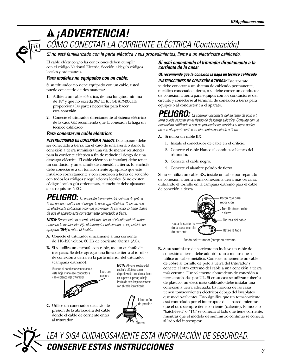 GE GFB760, GFC530, GFC1020, GFC520, GFC320, GFC720 Para modelos no equipados con un cable, Para conectar un cable eléctrico 