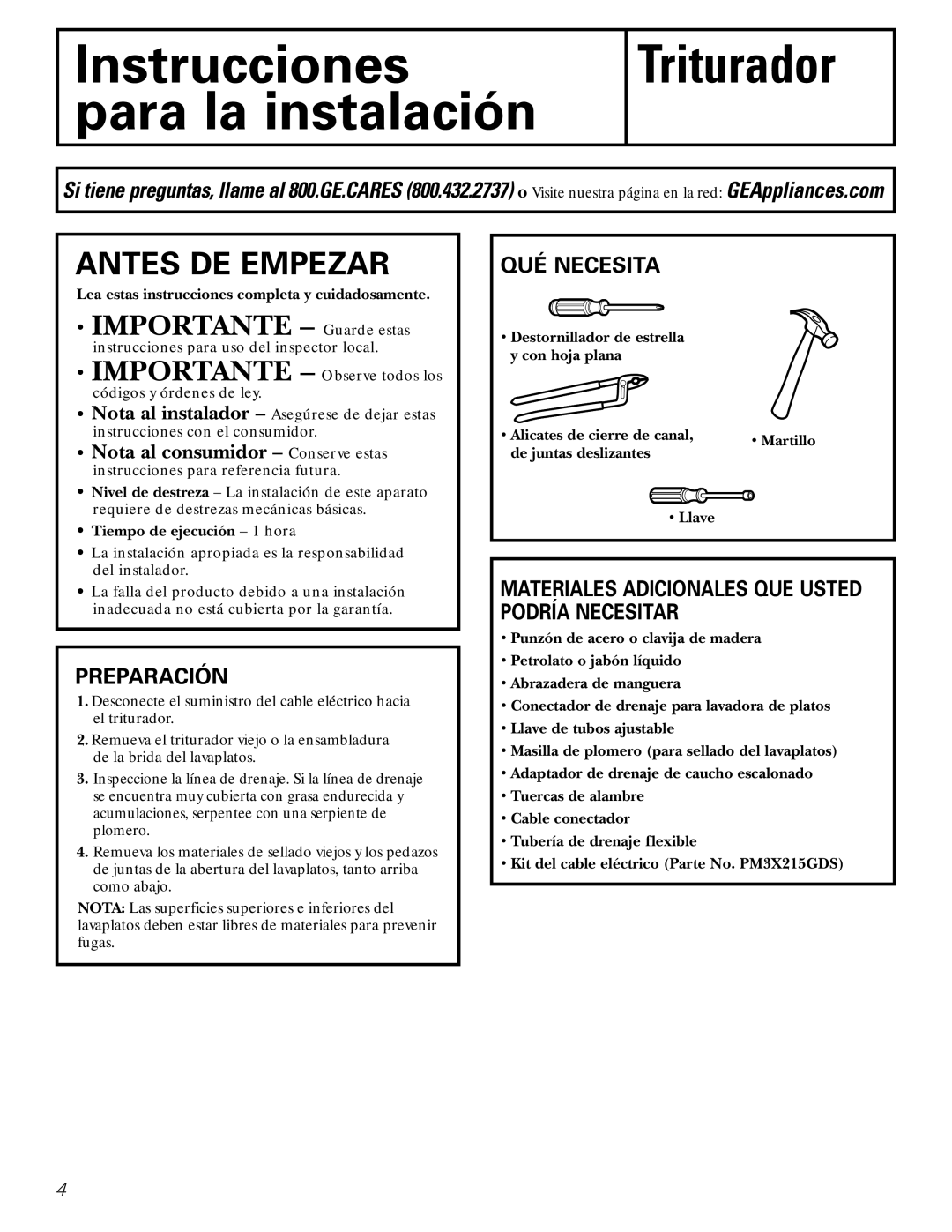 GE GFC320, GFC530, GFC1020 Antes DE Empezar, Preparación, QUÉ Necesita, Materiales Adicionales QUE Usted Podría Necesitar 