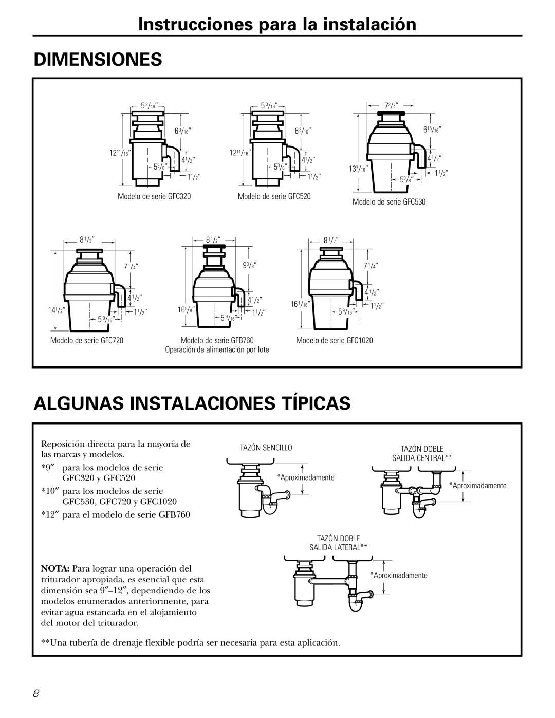 GE GFC520, GFC530, GFC1020, GFB760, GFC320, GFC720 owner manual Dimensiones, Algunas Instalaciones Típicas 