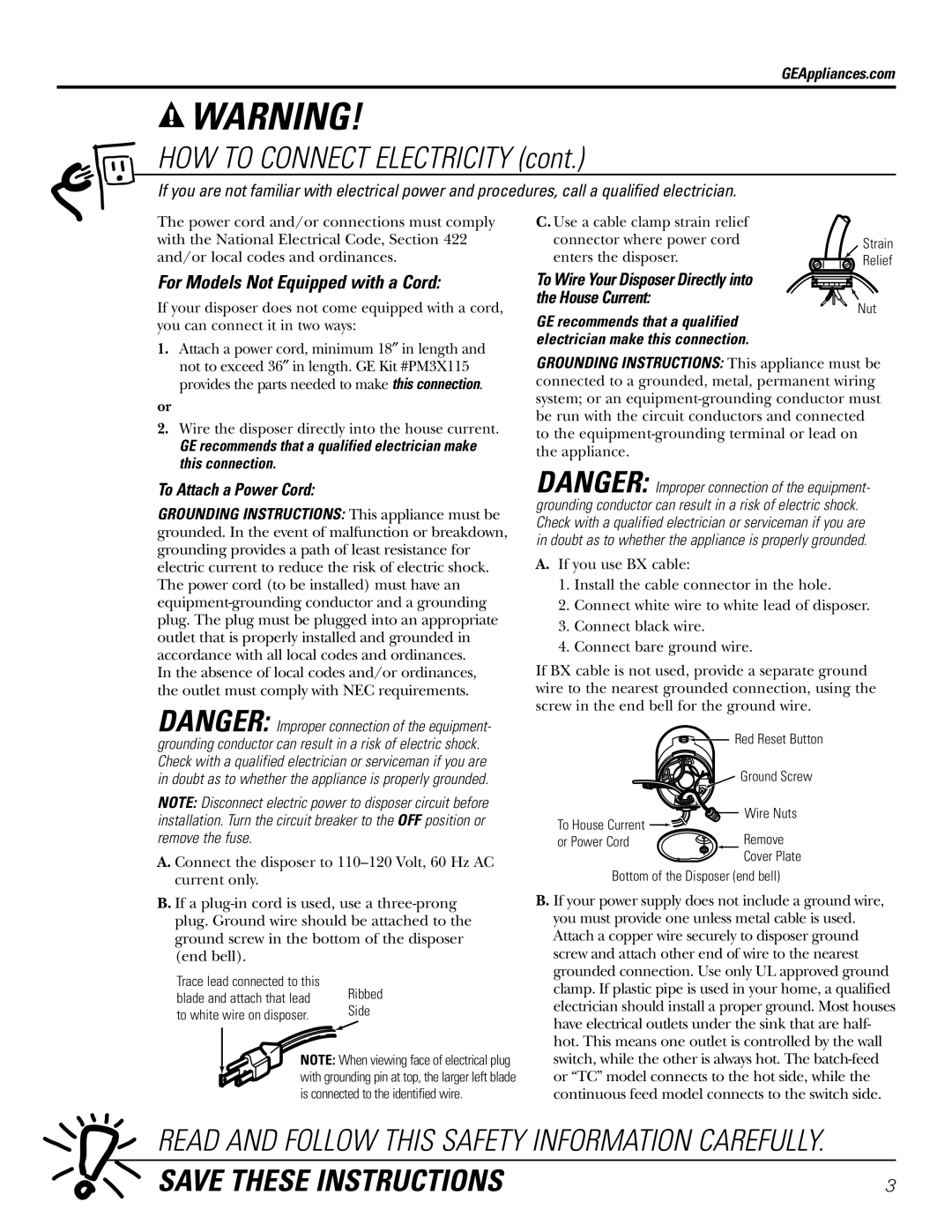 GE GFB760 HOW to Connect Electricity, For Models Not Equipped with a Cord, To Attach a Power Cord, GEAppliances.com 