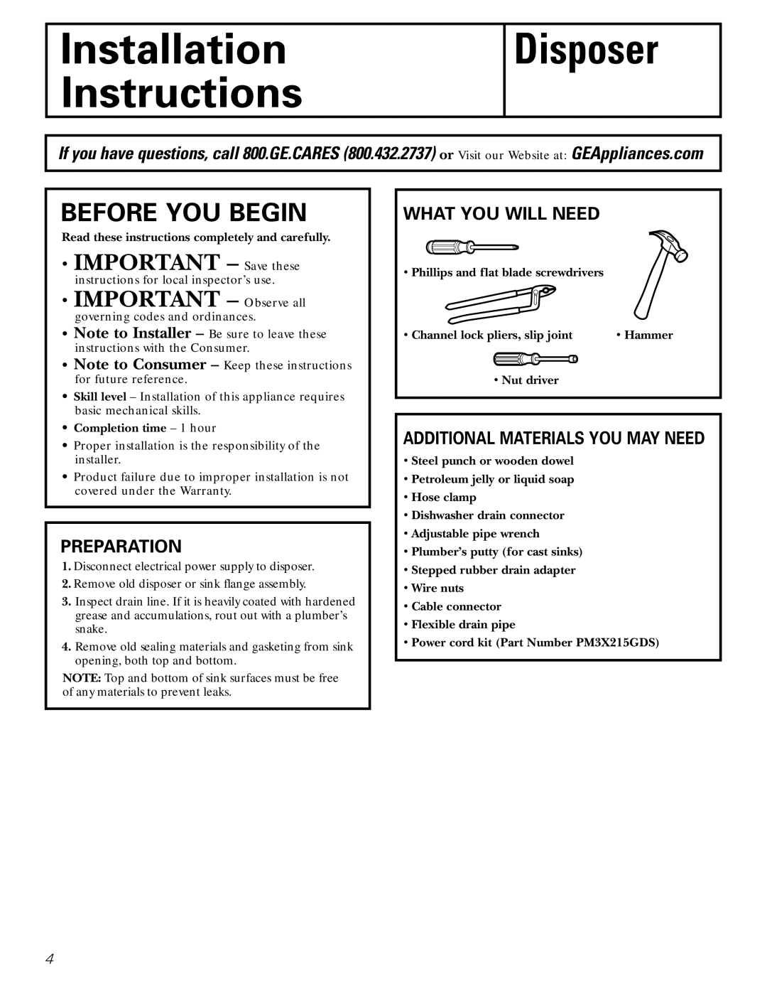 GE GFC320, GFC530, GFC1020, GFC520 Before YOU Begin, Preparation, What YOU will Need, Additional Materials YOU MAY Need 