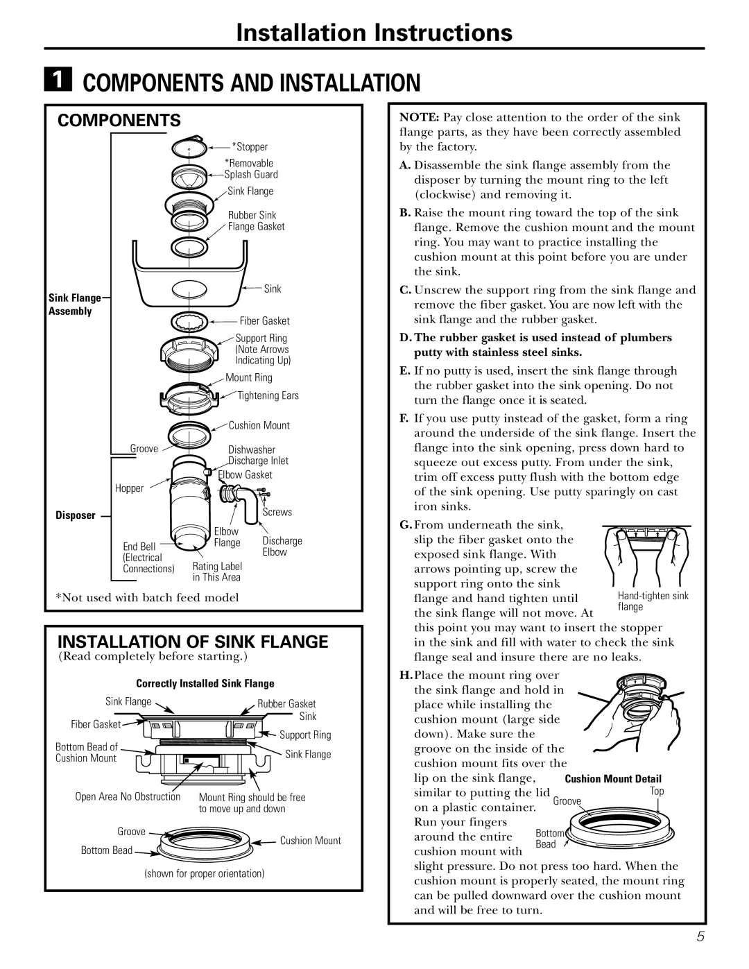 GE GFC720, GFC530, GFC1020, GFC520, GFB760, GFC320 owner manual Components and Installation, Installation of Sink Flange 