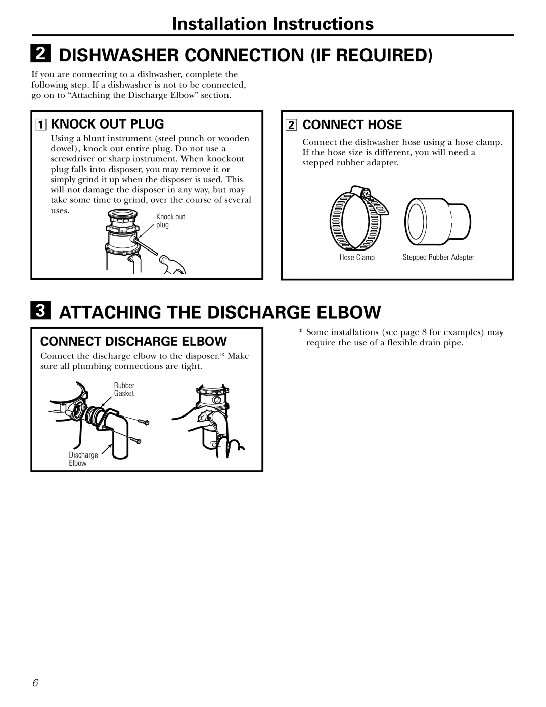 GE GFC530, GFC1020, GFC520 Dishwasher Connection if Required, Attaching the Discharge Elbow, Knock OUT Plug, Connect Hose 